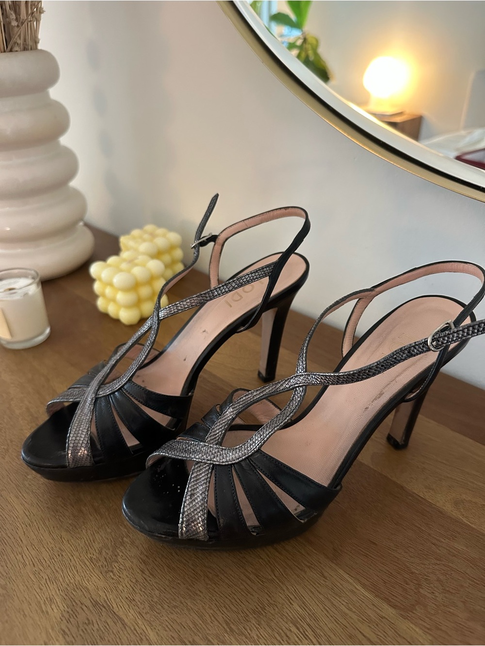 Black and Silver Strappy High Heel Sandals